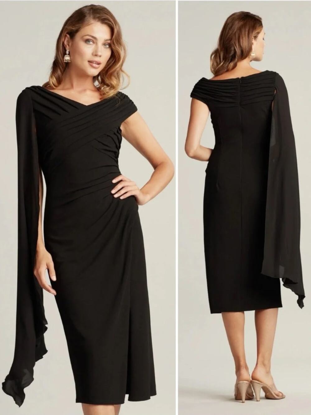 NWT Tadashi Shoji Masson Cape Sleeve Midi Dress Size S Crisscross Bodice